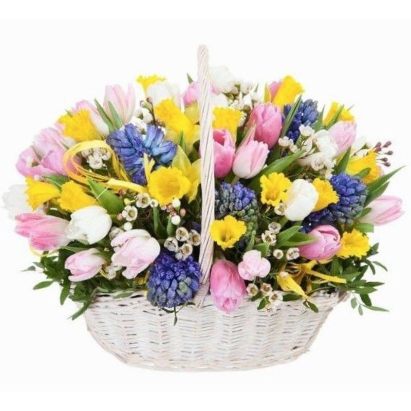 Spring Flowers in a Basket-Regular (20 stems) & Medium (30 stems) & Large (40 stems) & Extra Large (50 stems) & Luxury (60 stems) & Glamour (70 stems) & Luxury Glamour (100 stems) & Premium (120 stems) & Premium Extra (140 stems) & Posh (160 stems) & Delu