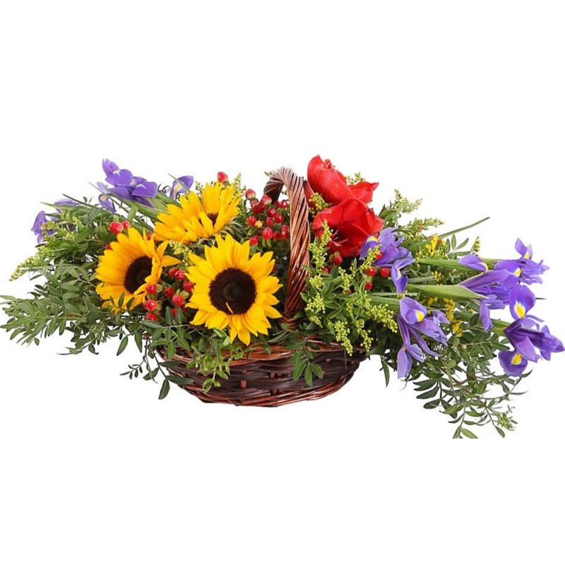 Sunflowers and Irises Pretty Basket