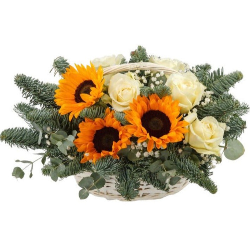Sunflowers and White Roses Festive Basket