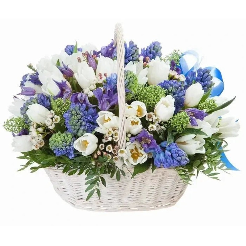 White and Blue Flowers Basket-Regular (20 stems) & Medium (30 stems) & Large (40 stems) & Extra Large (50 stems) & Luxury (60 stems) & Glamour (70 stems) & Luxury Glamour (100 stems) & Premium (120 stems) & Premium Extra (140 stems) & Posh (160 stems) & D