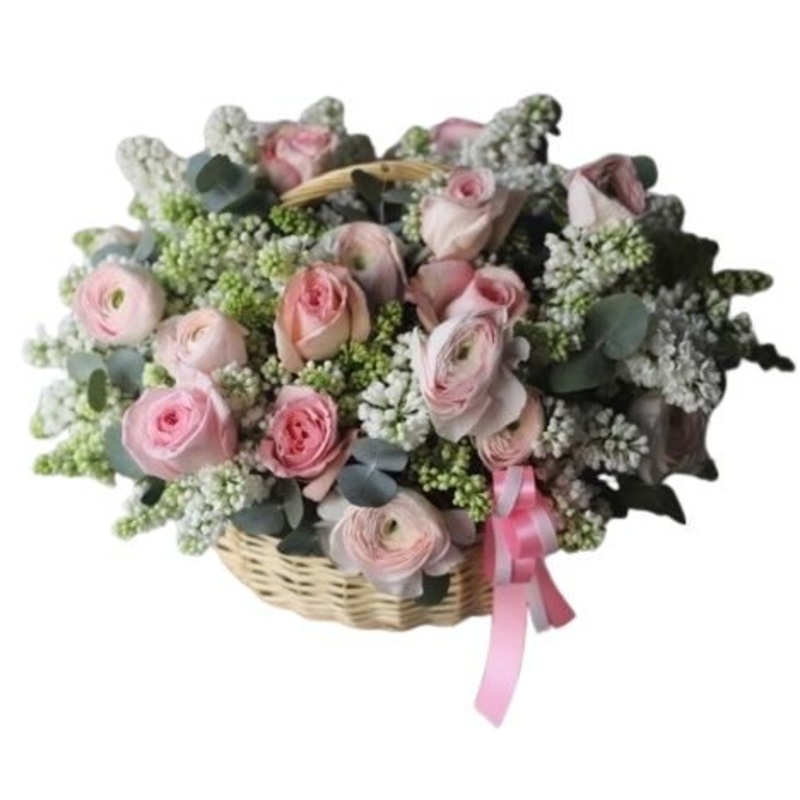 Amazing Basket of Lilac with Roses and Ranunculus