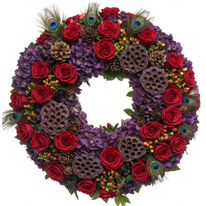 Charming Purple Hydrangea and Red Roses Door Wreath