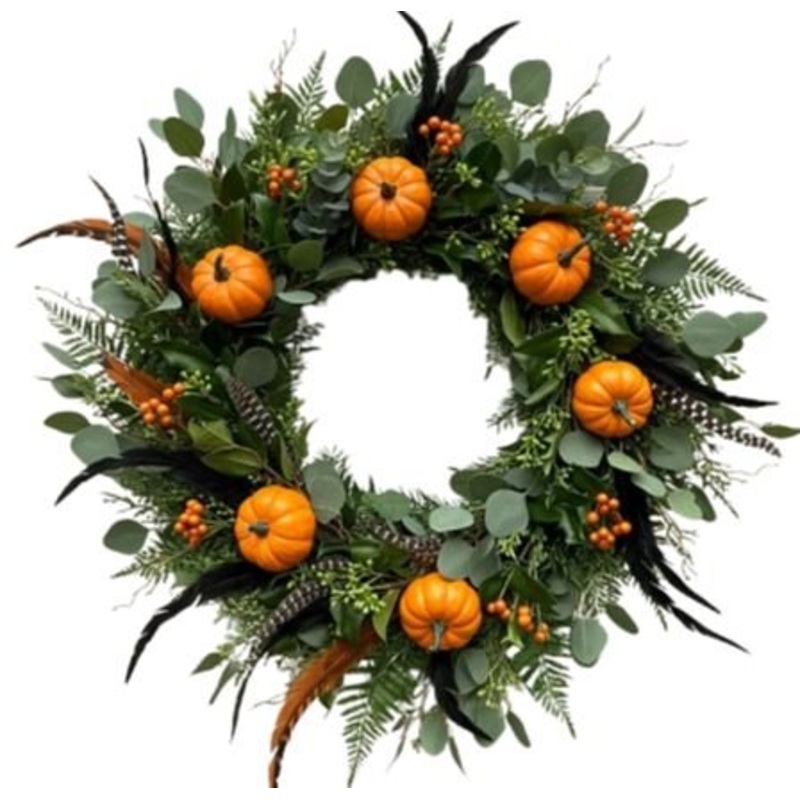 Orange Pumpkin with Feathers Hallowen Wreath