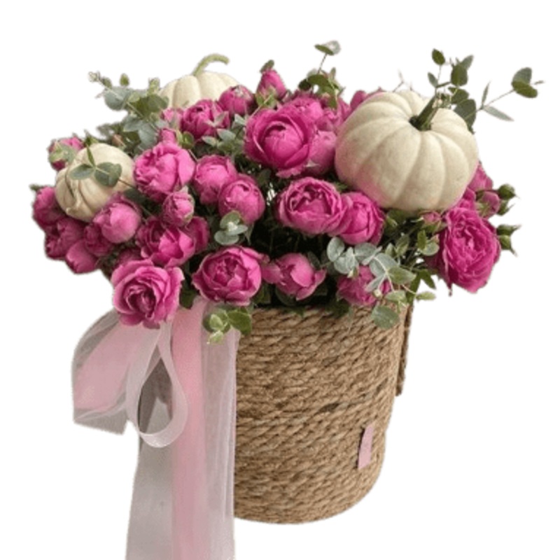 Pretty Halloween Basket of Spray Roses and Mini Pumpkin