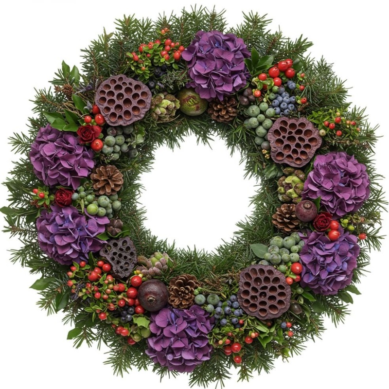 Purple Hydrangea and Berries Festive Door Wreath