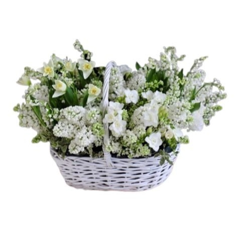 Spring Basket of Lilac with Lily of the Valley and Daffodils