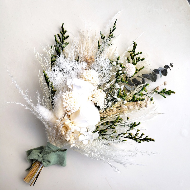 Boho Dried Flower Bouquet, White and Greenery Wedding Flower Bouquet