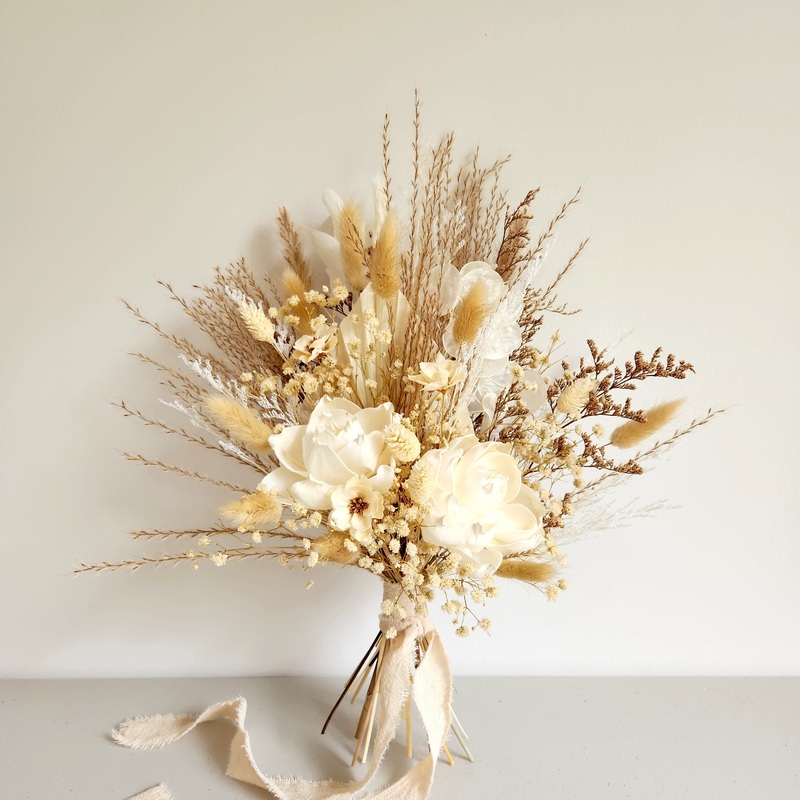 Boho Neutral Tone Dried Flower Bouquet, Ivory, Beige, Wedding Floral Arrangement