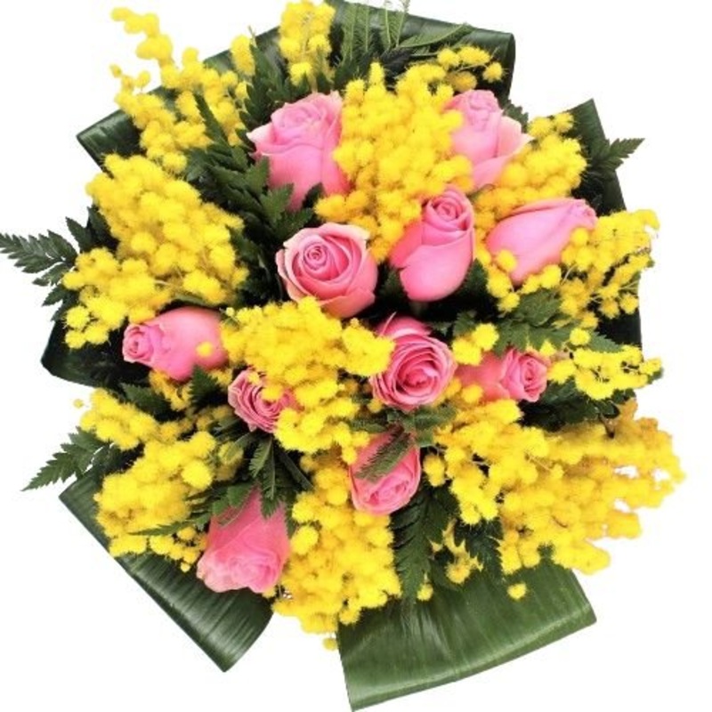 Bouquet of Roses with Mimosa in Aspidistra Leaves