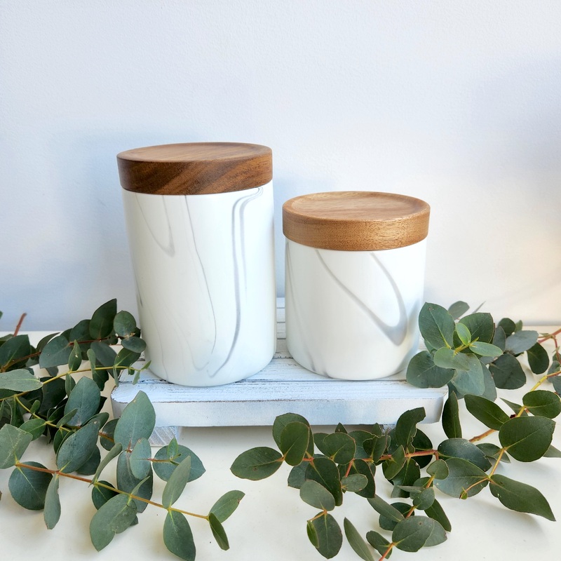 Ceramic Storage Jar with Acacia Wood Lid, White Marble Pattern Ceramic Kitchen Container