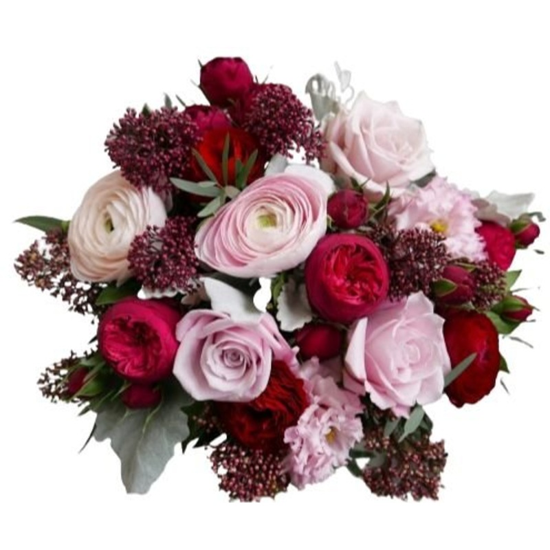 Charming Bouquet of Pink Ranunculus in Deep Red Blooms
