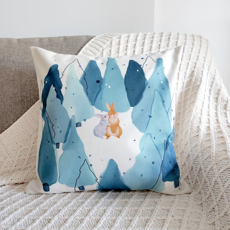 Cute Rabbit in Forest Cushion Cover, Square Thrown Pillow Case