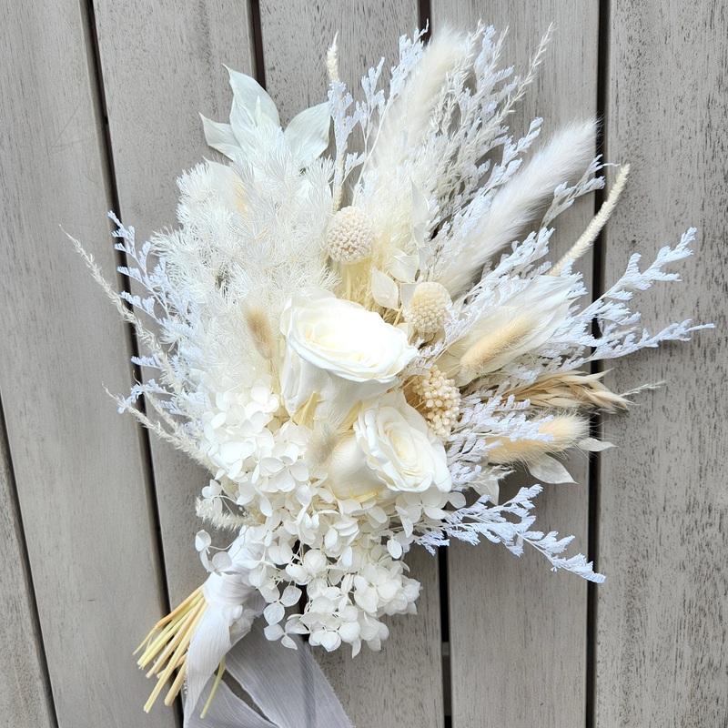 Ivory Dried Flower Wedding Bouquet and Boutonniere