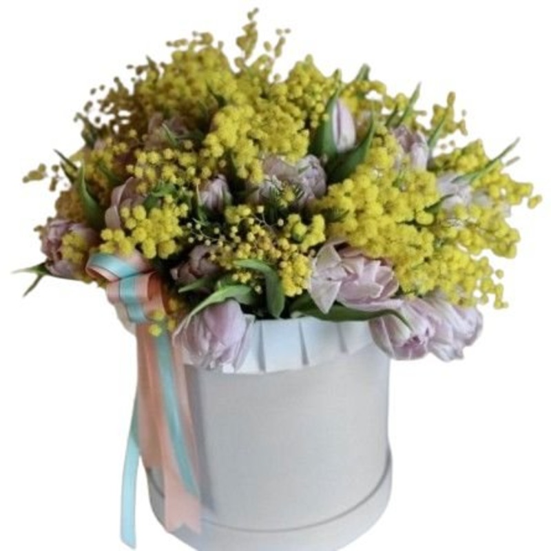 Pale Pink Tulips with Mimosa in a Box