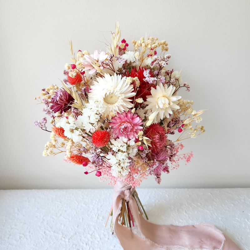 Strawflower Bouquet, Pink and Creamy Dried Flower Wedding Bouquet
