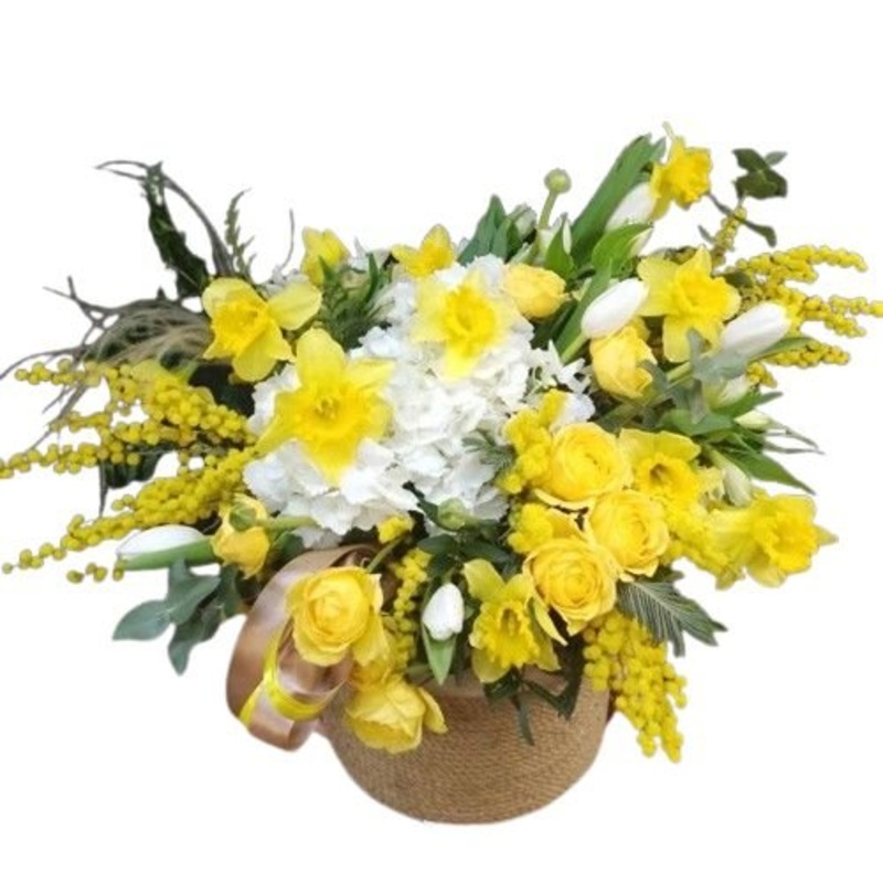 White and Yellow Flowers with Mimosa in Basket