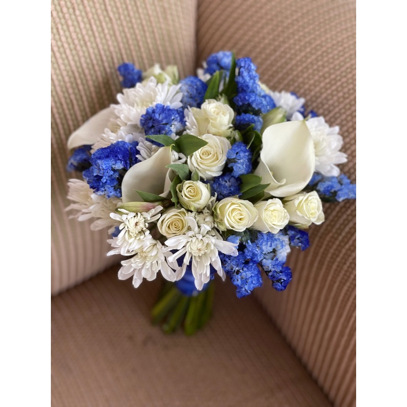 Blue and white prom bouquet