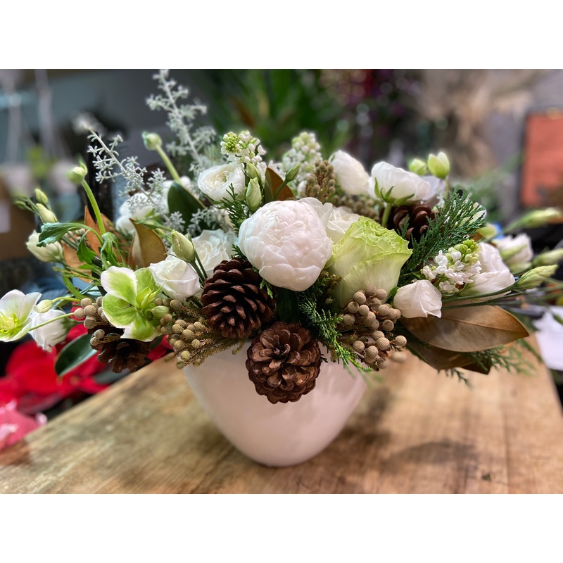 Winter Wonderland- with Peonies, Ranunculus, Hellebore and Christmas Greens