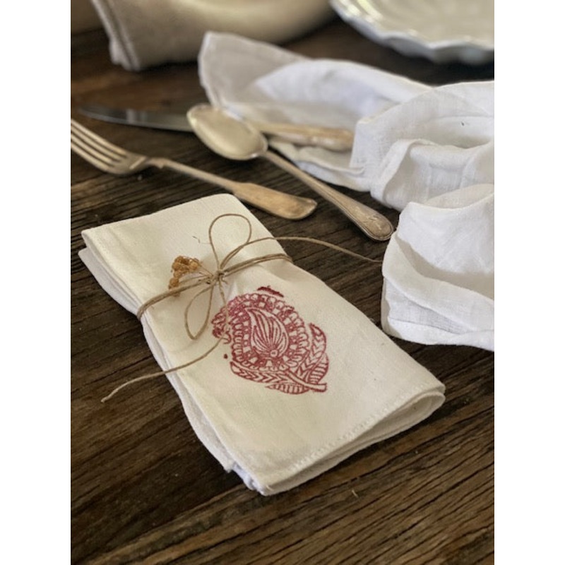 Block Printed Napkin-approx 39.5cms square-white linen with deep red print