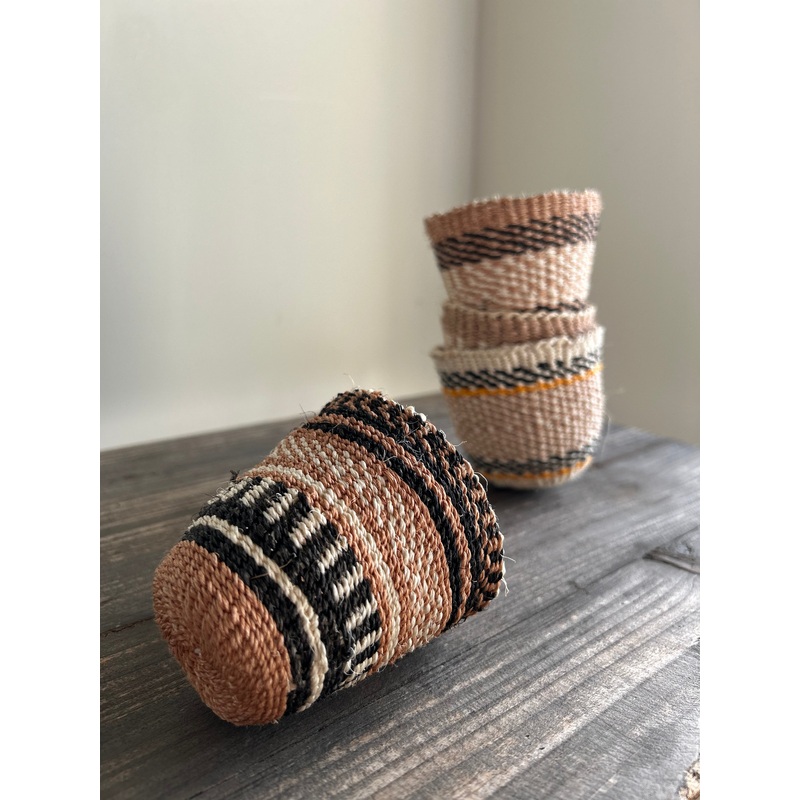 Woven Pot-Natural with a pattern in brown and black-approx H 8cms x diameter at widest point 8cms