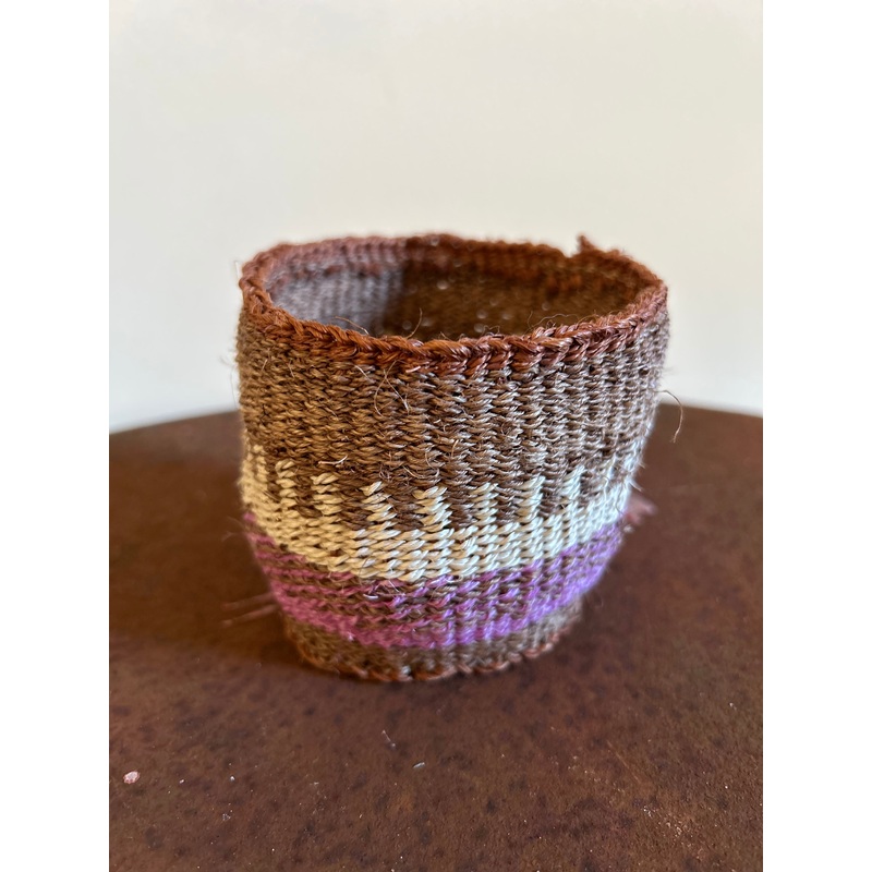 Woven Pot-Natural with a pattern in purple and turquoise-approx H 8cms x D at widest point 9cms