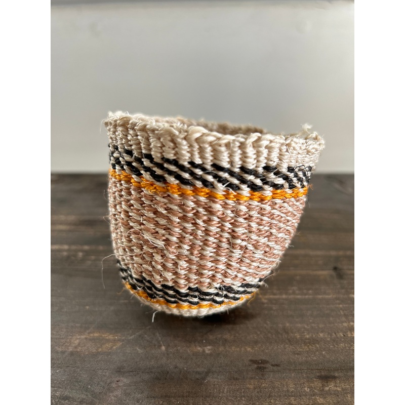 Woven Pot-Natural with black and orange stripes-approx H 8cms x diameter 8cms at widest point