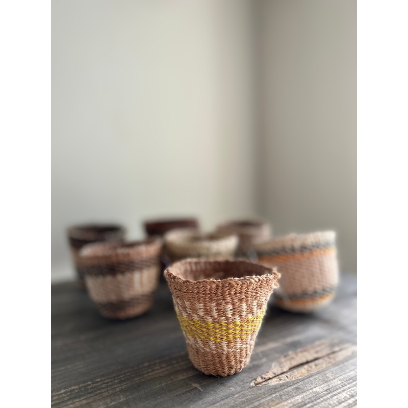 Woven Pot-Natural with yellow and white stripes-approx H 7cms x diameter 8cms at widest point
