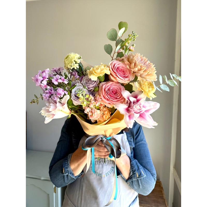 Love You Bunches – Pastels-Pastel – Wrapped Blooms with Ribbon As Shown – W/out Vase – $100 & Pastel – Wrapped Blooms with Ribbon – w/out Vase – $135 & Pastel  –  Impressive Wrapped Blooms  with Ribbon w/out vase – $200 & Pastel – Sweet & Thoughtful  Wrap