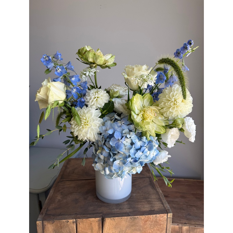 Nantucket Beach  -Low and lush in 5x 5 cylinder – $185 & Taller arrangement in 5x 8 white cylinder