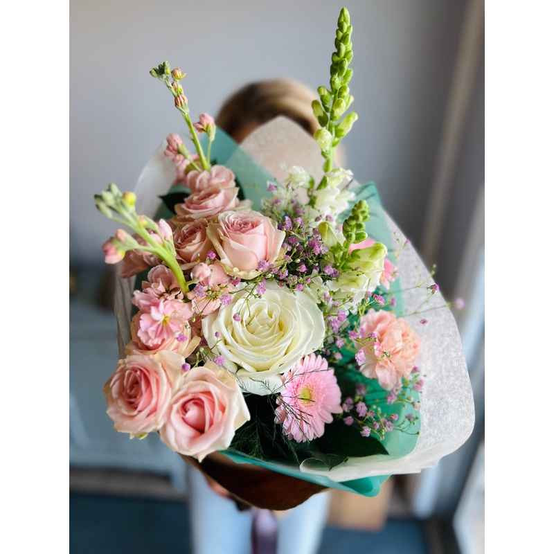 Pretty in Pink -Wrapped Blooms with Ribbon – W/out Vase – $75-Soft Pastel Blooms