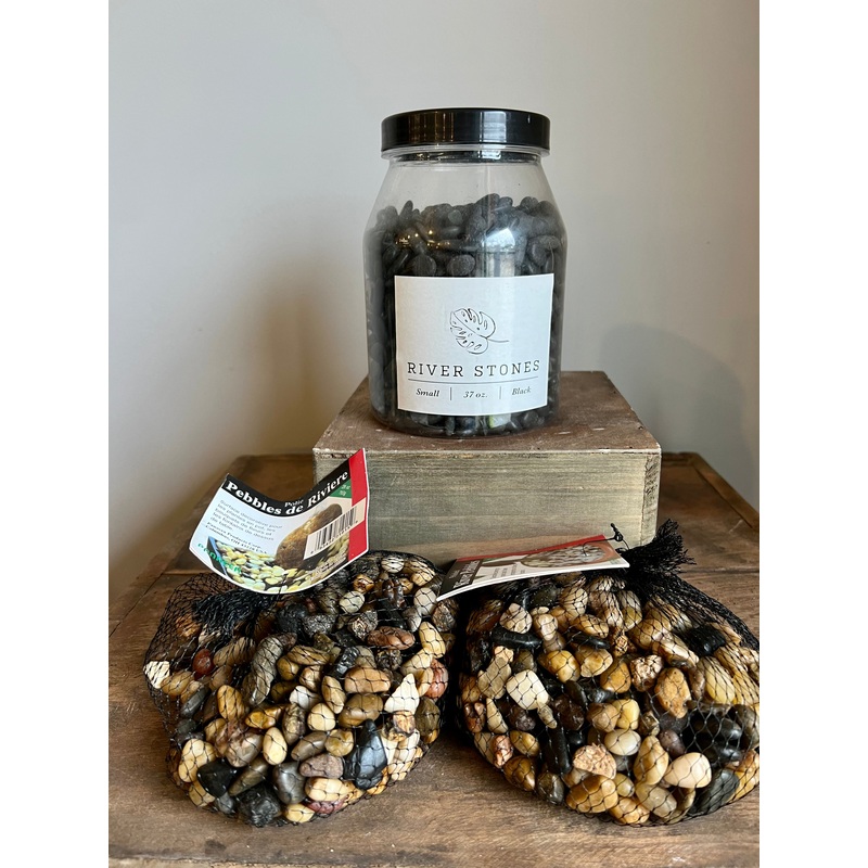 River Pebbles-Black River Stones – 37 oz. container & Polished River Pebbles – 28 oz. bag