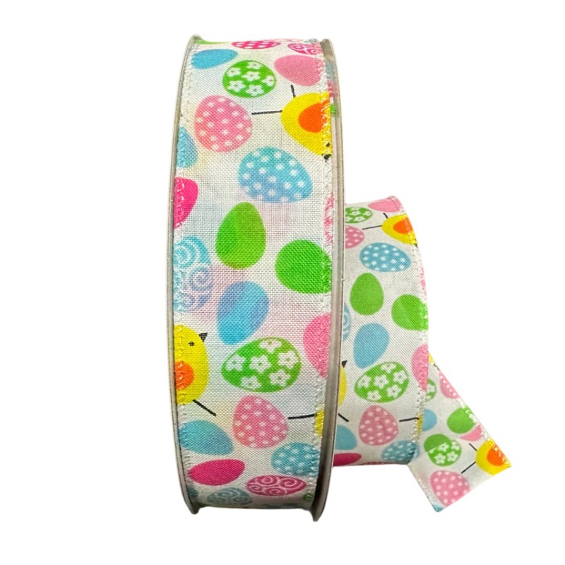 831-09-404 (31904) – Linen Patterned Eggs & Chicks – 1.5 x 50yd – White