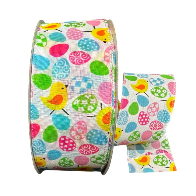 831-40-404 (31903) – Linen Patterned Eggs & Chicks – 2.5 x 50yd – White