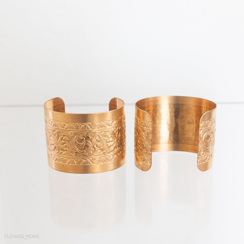 Floral Embossed Brass Wrist Cuff Corsage – 2”