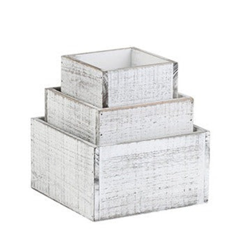 13121 (26999) –  Wood Square Boxes Whitewash 7.25-4.25 S/3
