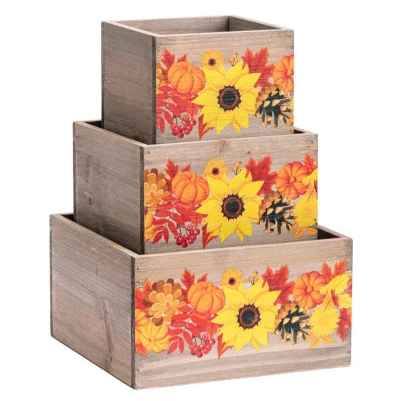 77883 (30792) – Wood Square Boxes Leaf/Gourd 7.25- 4.25 3/Set