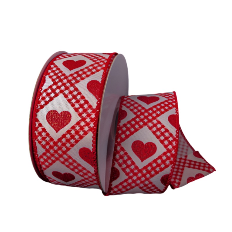 11201-09-12 (29503) – Satin Hearts & Gingham – 1.5 x 10yd – White/Red