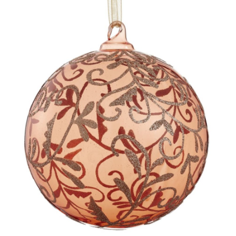 XGM211-CO/CN (42) – Glittered Swirl Glass Ball Ornament 4.75 Coral/Champagne