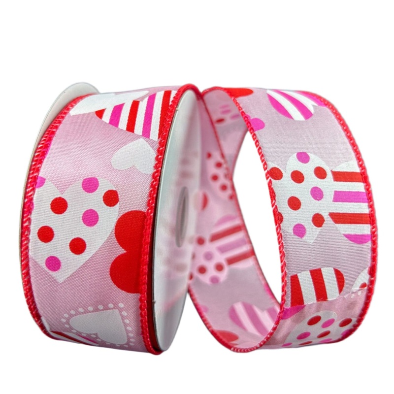 11406-09-03 (00073) – Satin Wired Dots Stripe Heart – 1.5 x 10yd – Light Pink/Red/White