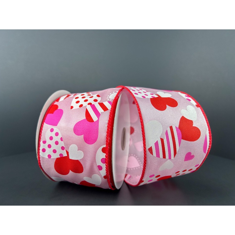 11406-40-03 (00074) – Satin Wired Dots Stripe Heart – 2.5 x 10yd – Light Pink/Red/White