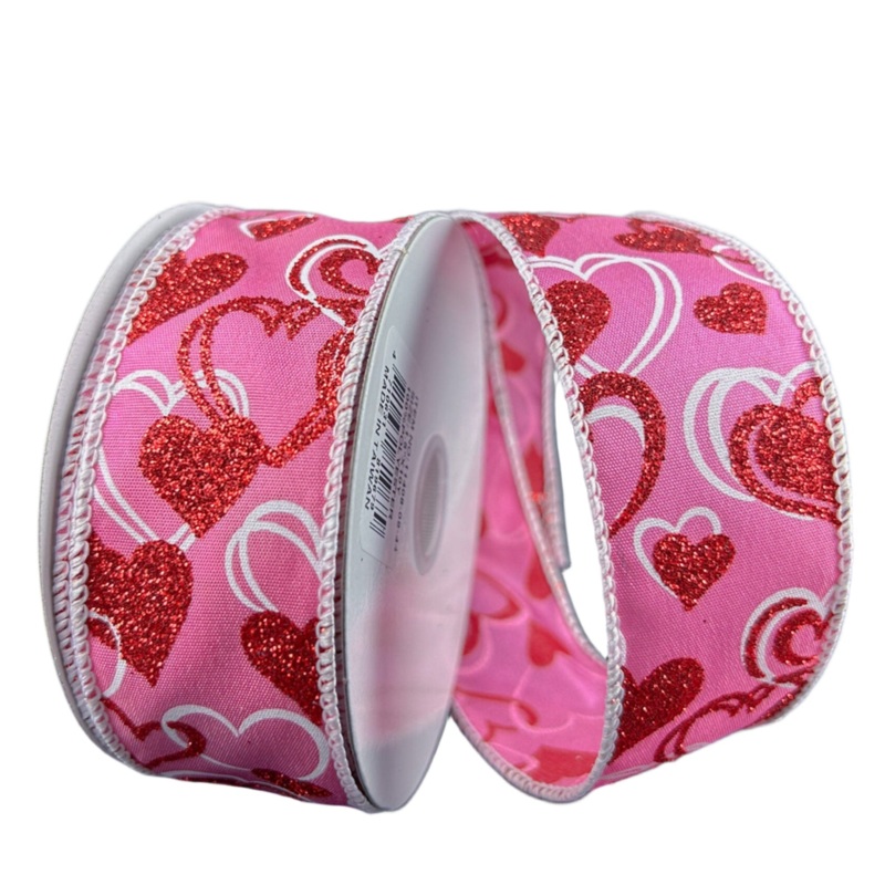 11408-09-44 (00072) – Satin Wired Glitter Heart – 1.5 x 10yd – Pink/Red/White