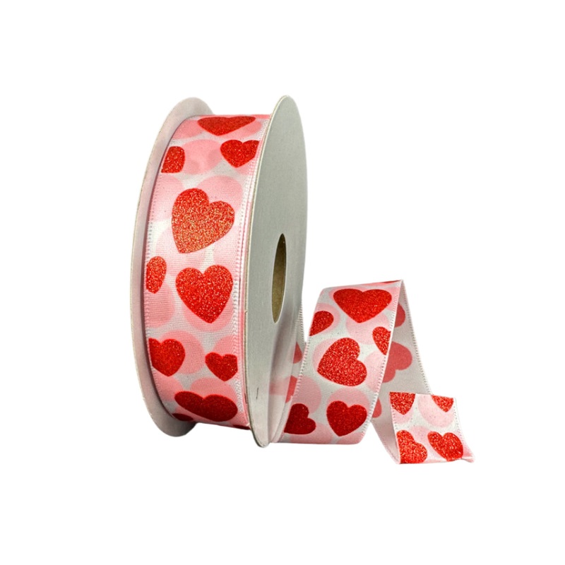 17503-05-12 (00076) – Satin Hearts & Dots – 7/8 x 10yd – White/Red/Pink