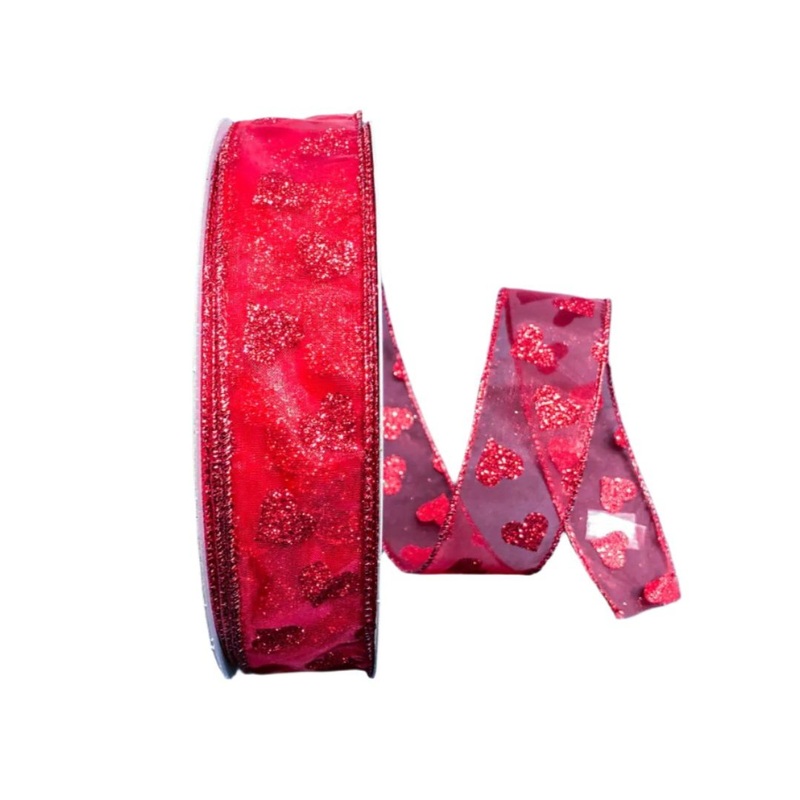 Q501609-202 (23306) – Red Sheer/Glitter Hearts – 1.5 x 50yd