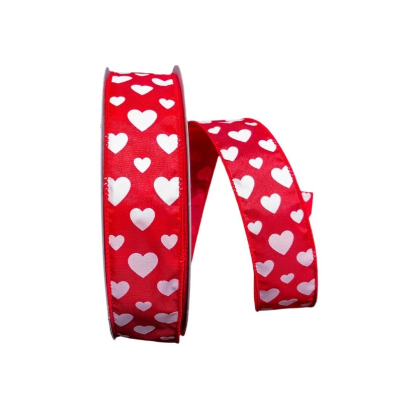 Q501609-205 (28182) – Red Satin/White Hearts – 1.5 x 50yd