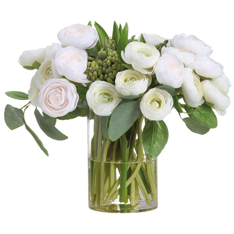 WF0762-CR/GR (00152) – Ranunculus in Glass Vase 14x14x16 Cream/Green