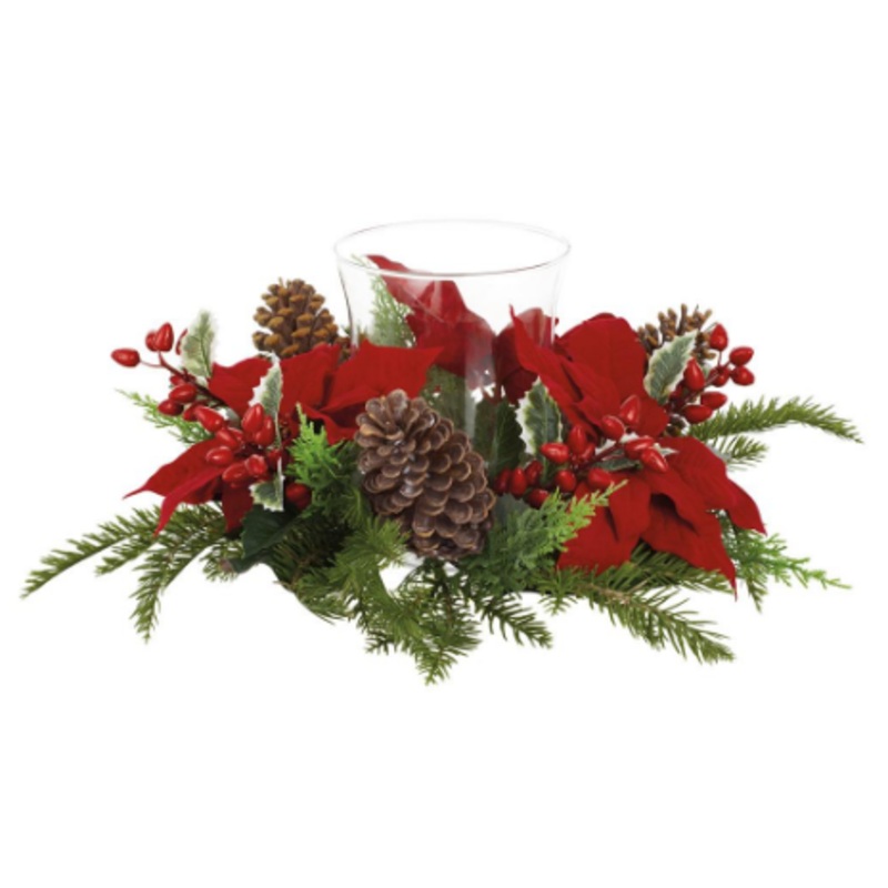 XDC543-RE/GR (00269) –  Poinsettia Holly Berry Pine Glass Candle Holder 7.8×18 (N)