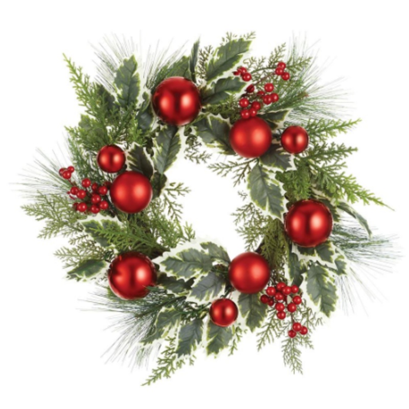 XDW577-RE/GR (00273) – Ball Holly Berry Pine Wreath Red/Green 18 (N)