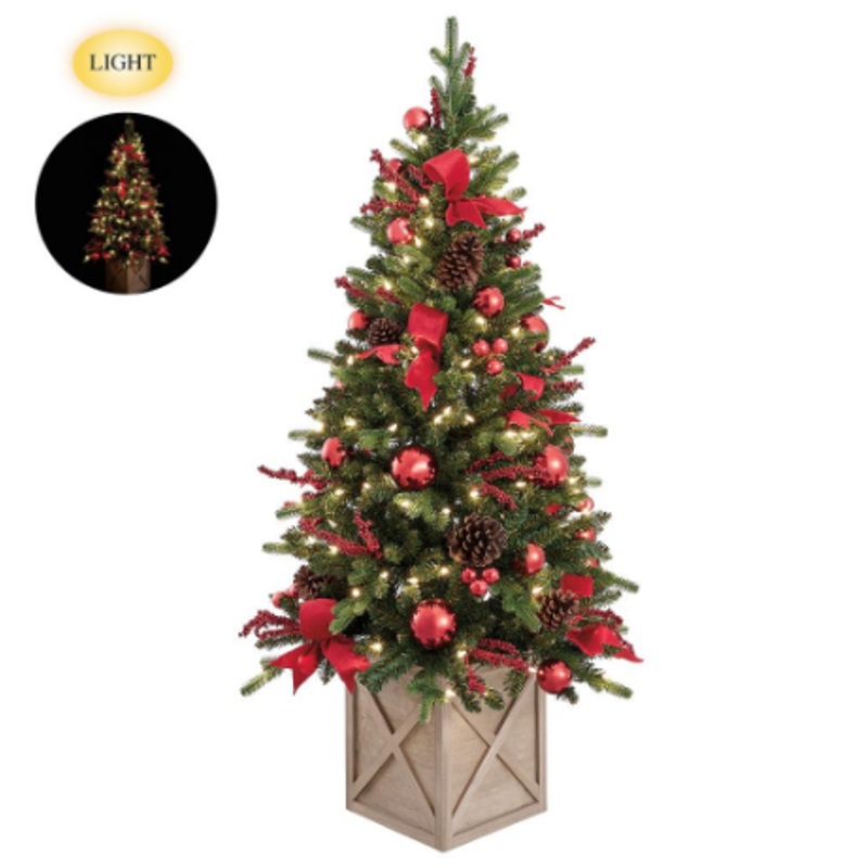 XLT958-RE/GR (00406) – Berry/Ball/Pine Tree In Wood Planter W/Lights Red Green 54