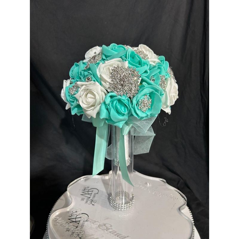 Brooch Bouquet,Robins egg blue, duck egg blue teal rose bouquet. by Crystal wedding uk