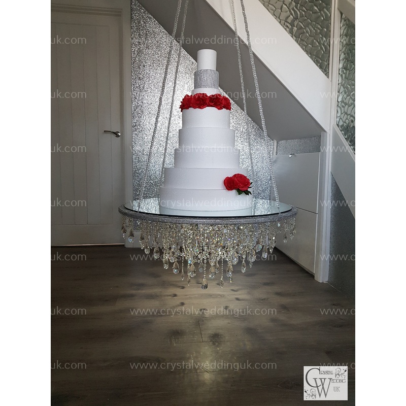 Cake chandelier, swing cake platform, mirror top + remote controlled LED ,heavy duty holds 200lbs Crystal wedding uk